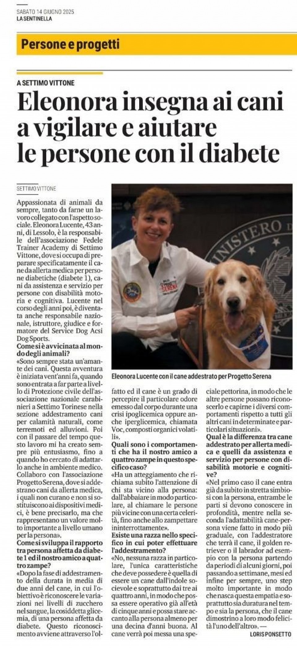 ARTICOLO GIORNALE LA SENTINELLA: CANE ALLERTA DIABETE